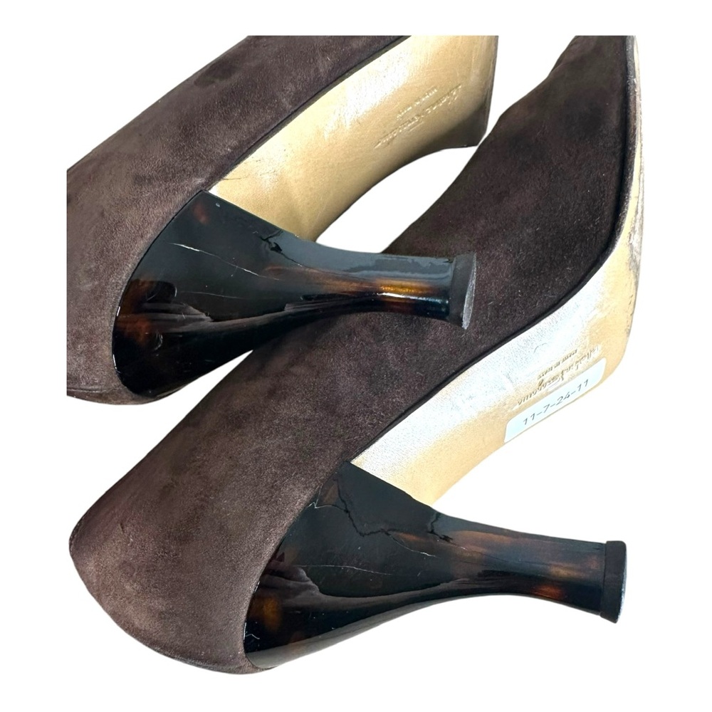 Salvatore Ferragamo Women’s 9 B Brown Suede Pumps VTG Vintage Tortoise Heel - Picture 11 of 13